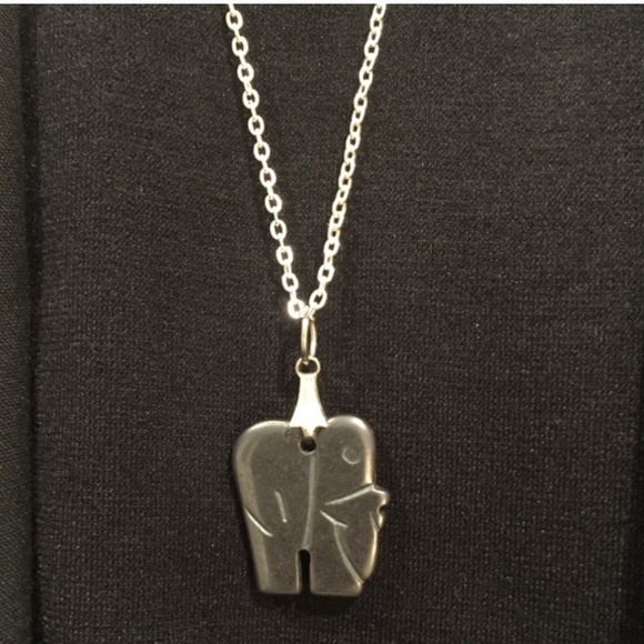 Vintage Jewelry - N14-Vintage Carved Pewter Color Hematite Elephant Charm on Black Cording